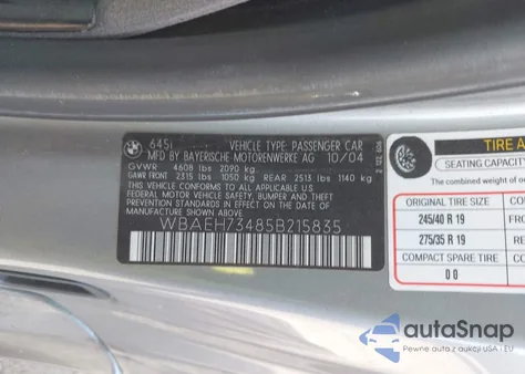 2005 BMW 645Ci из США, поврежденный, VIN WBAEH73485B215835